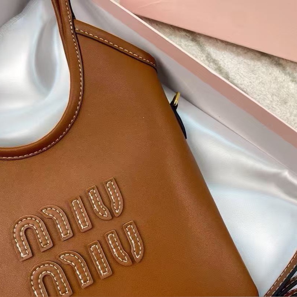 Miu Miu Beau Small Leather Tote Bag Brown Embossed Logo Shoulder Bag - Picture 2 of 9